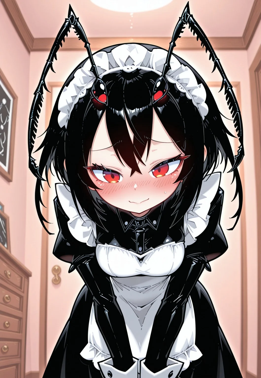 masterpiece, best quality, 1girl, solo, Funset, Tra-chan, anthropomorphic girl, red eyes, black hair, bob hairstyle, mantis girl, black mantis, maid costume, shy, cute, blush, leaning forward, bowing, smile, indoors
