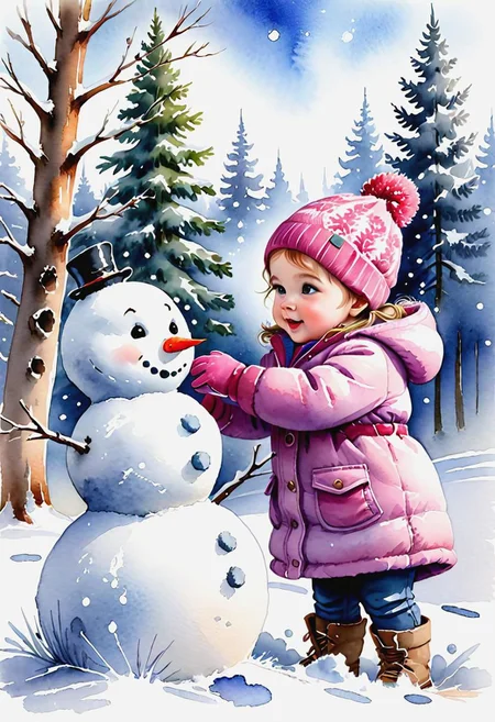 Watercolor clipart cute little baby girl sculpting a snowman (very similar to hand drawn watercolor drawing, sketch), watercolor style, beautiful elements, high detail, cgi, snowy trees, falling snow, morning, hyper realistic, beautiful, proscenium, watercolor, postcard, white blurred drawing margins, postcard, white blurred drawing borders, professional photography, beautiful, 3d, realistic, 64k, high resolution, high detail, hyperrealism, f/16, 1/300sec. Highly detailed digital painting, realistic, aesthetic, painting, andscape, watercolor, Watercolor, trending on artstation, sharp focus, studio photo, intricate details, highly detailed, by greg rutkowski