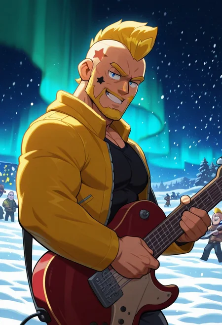 mbtiesfp, 1boy, blonde, short hair, black star on face,, yellow jacket, black shirt, looking at viewer, smirk, grin, happy, brawlStars, in the amusement park, pants, portrait, half body, upper body, blue eyes, shaved mohawk, source_cartoon, 2d, bara, manly, muscular, 3/4 view, night sky, aurora in the sky, snow, playing guitar, {{holding red electric guitar}}, in the concert, ((floating colorful muscial notes)), snowstorm, Side View, Pec focus, left view, warm lighting, with people walking background, {{colorful glowing musical notes}}, yellow eyebrows, yellow chin hair, facial hair, dutch angle, Vinlandsagastyle-IL.V1.0