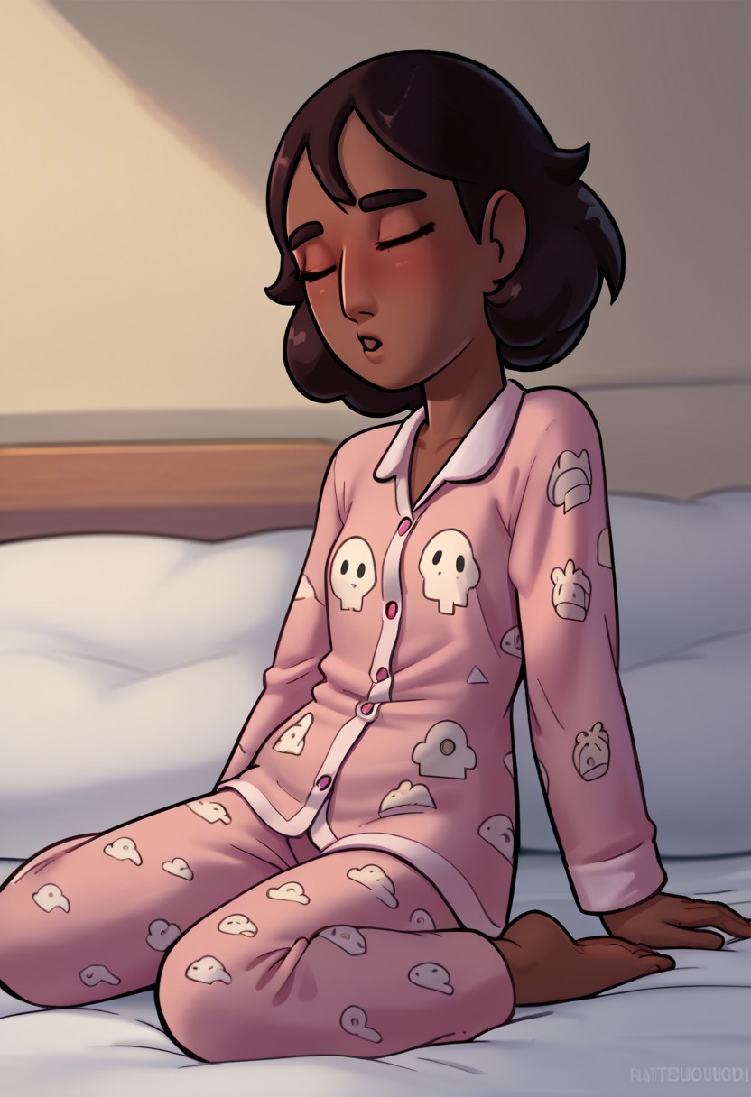 score_9, Score_8, relatedguy, solo, 1girl, CHCONNIE, print_pajamas, brightmoonbedroom