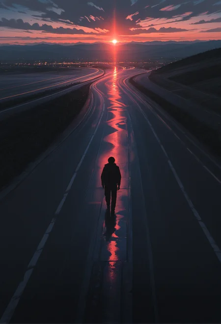 masterpiece, best quality, newest, highres, absurdres,no lineart, no outline, detailed, solo, 1boy, outdoors, road, street, depth of field, glowing,backlight,tenebrism, dramatic sunset, landscape