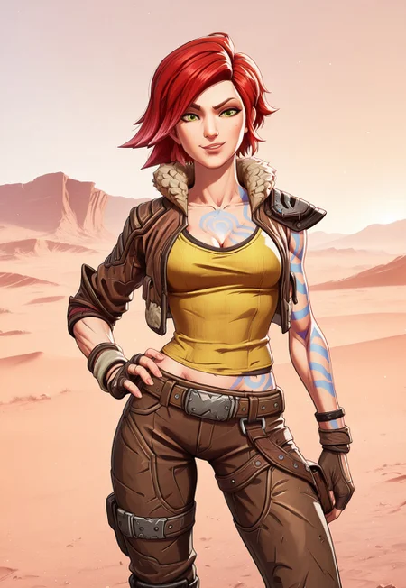 safe_pos, (score_9, score_8_up:1.1), score_7_up, 8k, masterpiece, high quality, extremely detailed, MarvelRivals, semi realistic, cartoon, 1girl, solo, bl3lilith, 1girl, red hair, short hair, green eyes, blue tattoo, brown jacket, fur trim, sleeveless, belt, bants, boots, fingerless gloves, sweatband, wristband, medium breasts, yellow tank top, cleavage, open clothes, cel shading, cold soft lighting, shiny skin, perfect reflection, perfect lighting, perfect shadows, perfect anatomy, perfect chest, perfect hips, perfect legs and feet, perfect hands, perfect face, perfect eyes, perfect waist, perfect body, perfect face shape, perfect mouth, perfect hair, perfect waist, best quality, detailed hair, expressive eyes, sexy, long legs, slim body, toned, athletic, (wasteland, desert,) smirk, hand on hip, dynamic pose, raised eyebrow, looking at viewer, cowboy shot,