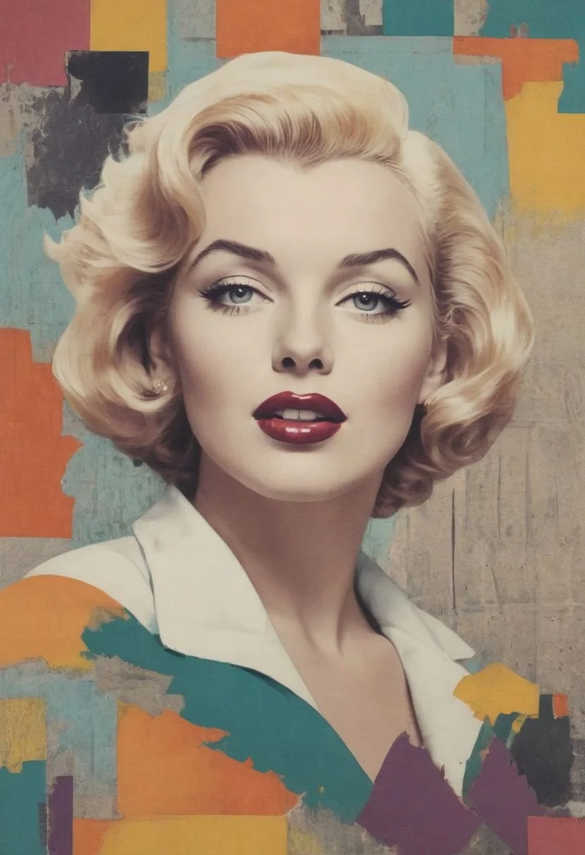 a 1950s pop art collage style portrait of Marylin Monroe , pop art, bold colors