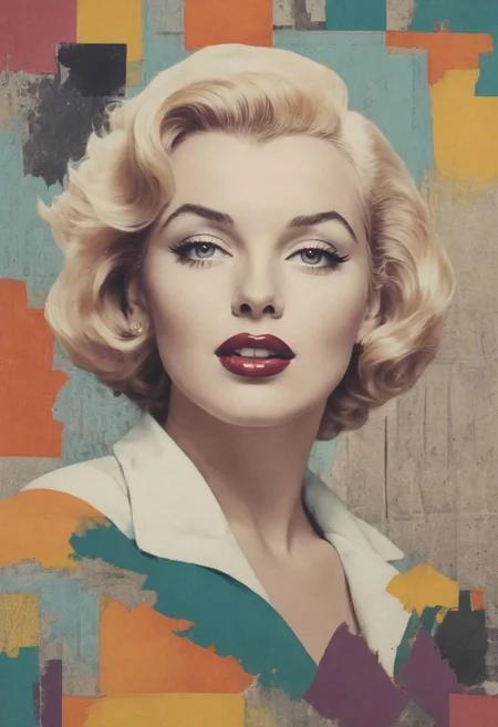 a 1950s pop art collage style portrait of Marylin Monroe , pop art, bold colors