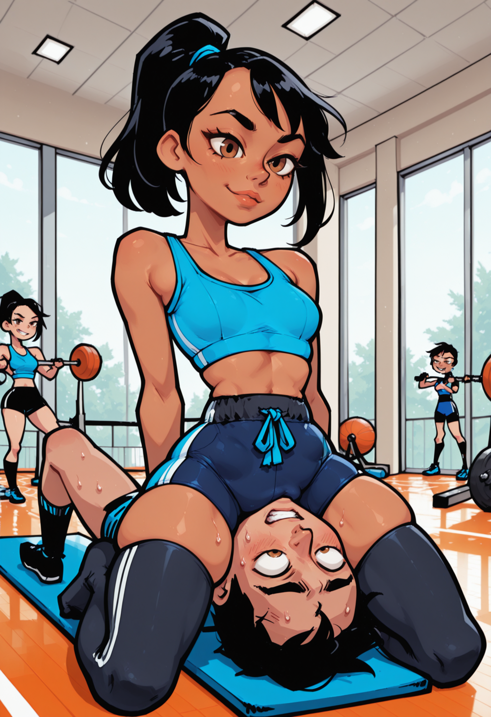 masterpiece, best quality, amazing quality, 4k, high resolution, absurdres, newest,  facesitting, femdom, two persons, gym, 1girl, black hair, brown eyes, medium length hair, high ponytail, dark skin, black legwear, blue sports bra, dominant female, skinny, skindentation, sitting on face, BREAK 1guy (faceless boy, short hair, submissive boy, casual outfit), mmarker