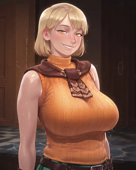 safe_pos, masterpiece, best quality, amazing quality, absurdres, highres, detailed art, 4s0r4, smooth style, andilf ,HD, 4K, possmach, 1girl, solo, ashleygraham, huge breasts, plump, curvy, smile, blush, blonde hair, bob cut, bangs, golden eyes,
orange turtleneck, brown sweater draped over shoulder, green plaid skirt, brown belt, shows breasts, lifts up his sweater, sweat