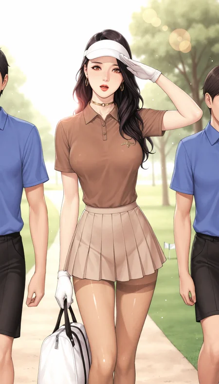 1girl, solo,  solo focus, 
photorealistic,  realistic,
masterpiece,  best quality,
colorful, perspective, lens flare, light particles, backlighting,
salute,  facing viewer,  looking to the side,  holding golfbag,
walking,
shiny skin,  [[[pale skin,  white skin]]], 
novel illustration,
golf course,  sunlight,   day, white gloves, 
ADDCOMM
very aesthetic, absurdres, newest, (detailed skin:1.2), highres, high contrast,
(thin, skinny, slim body, slim figure, petite),
<lora:izayoi_seishin_IL:0.25>,
<lora:oda-non_illu:0.35>,
<lora:odanonforill:0.35>,
<lora:Body Type_alpha1.0_rank4_noxattn_last:2>,
<lora:Skin Color_alpha1.0_rank4_noxattn_250steps:-1.25>,
<lora:age_slider_v4:-0.25>,
ADDBASE
brown eyes,
aged down,  teenage,  younger,
white visor cap, 
happy, smile,
red lips, black eyeshadow, black eyeliner, heavy makeup, earrings,
very long hair,  black hair,  wavy hair,  rich hair, parted hair,  cutting hair, 
((gold ring choker)),
ADDROW
((gold wristwatch,  gold bracelet)),
medium breasts,  breast padding,  breast_forms,
wide hips,  narrow waist,
light brown short sleeves,  ((brown polo shirt, collared polo shirt)), 
shirt tucked in, white gloves, 
ADDROW
wide hips,  narrow waist,  white gloves, 
(light brown skirt,  brown pleated skirt, shirt tucked in),    microskirt,  miniskirt,
((light brown thighband pantyhose)),