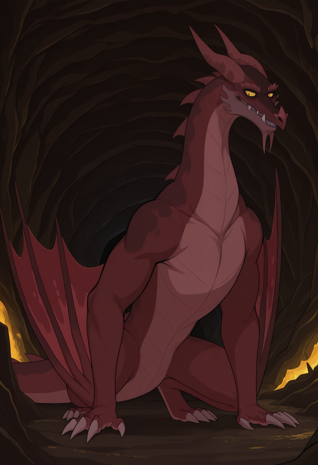 masterpiece,best quality,amazing quality, 1boy, solo, B4lthr0m4w, wyvern, colored sclera, yellow eyes, full body, cave,