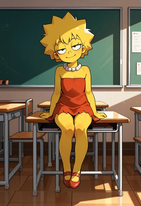 score_9,score_8_up,score_7_up,score_6_up,masterpiece, best quality, very aesthetic, official art,
background is indoors, classroom, school desk,
((cinematic lighting)), (shading),
1girl, solo, Perfect Body, (Perfect Anatomy:1.0),  
lisa simpson, pearl necklace, yellow skin, female, (young:1.3), small, petite body, slender,
red tube dress, shoes,
sitting on desk, knees together, legs together, looking at viewer, coy smile, seductive, teasing, flirting, full body,