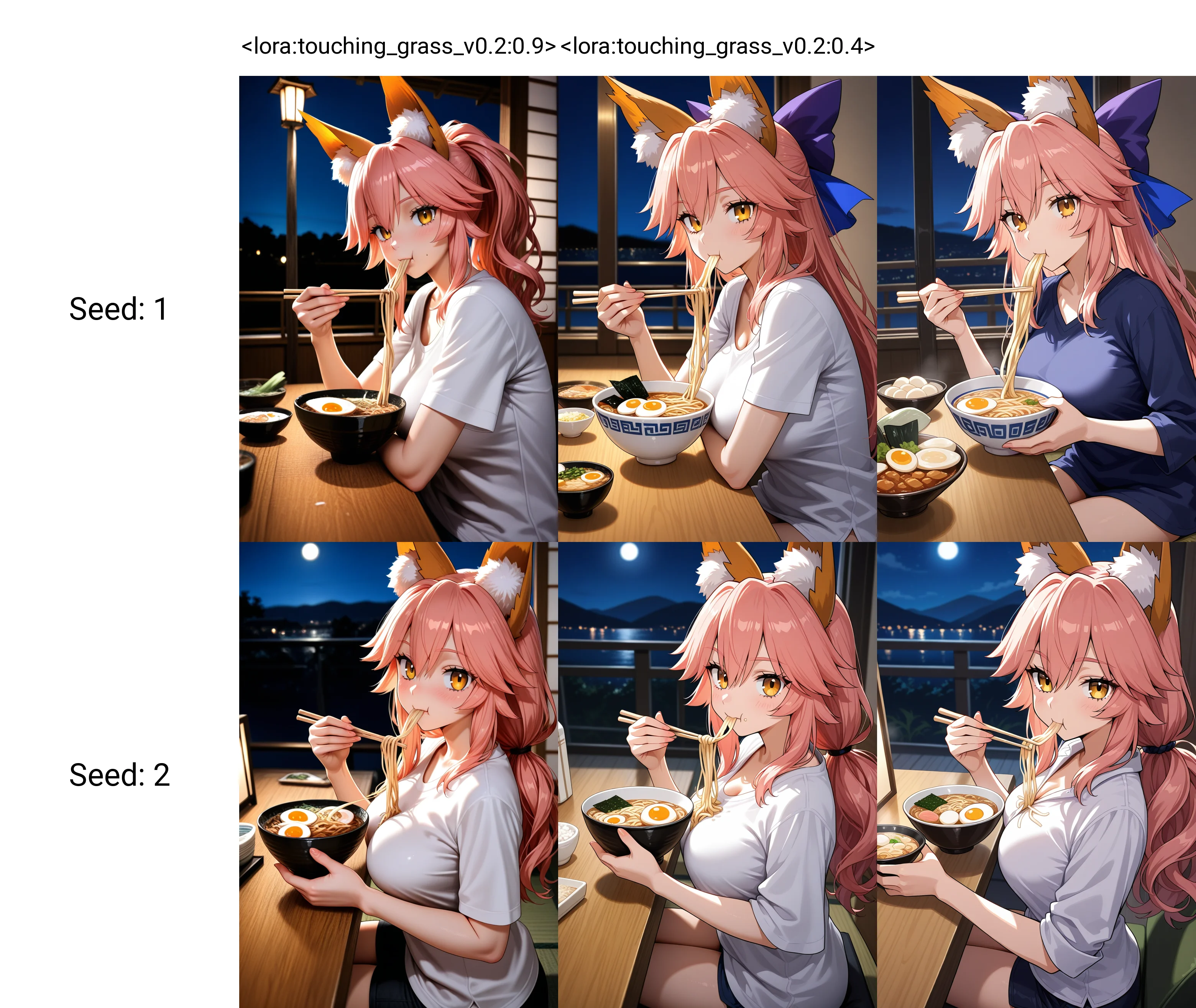 <lora:touching_grass_v0.2:0.9>1girl,tamamo \(fate\),looking at viewer,holding chopsticks,eating noodles,eggs in bowl,sitting,shirt,night,masterpiece,