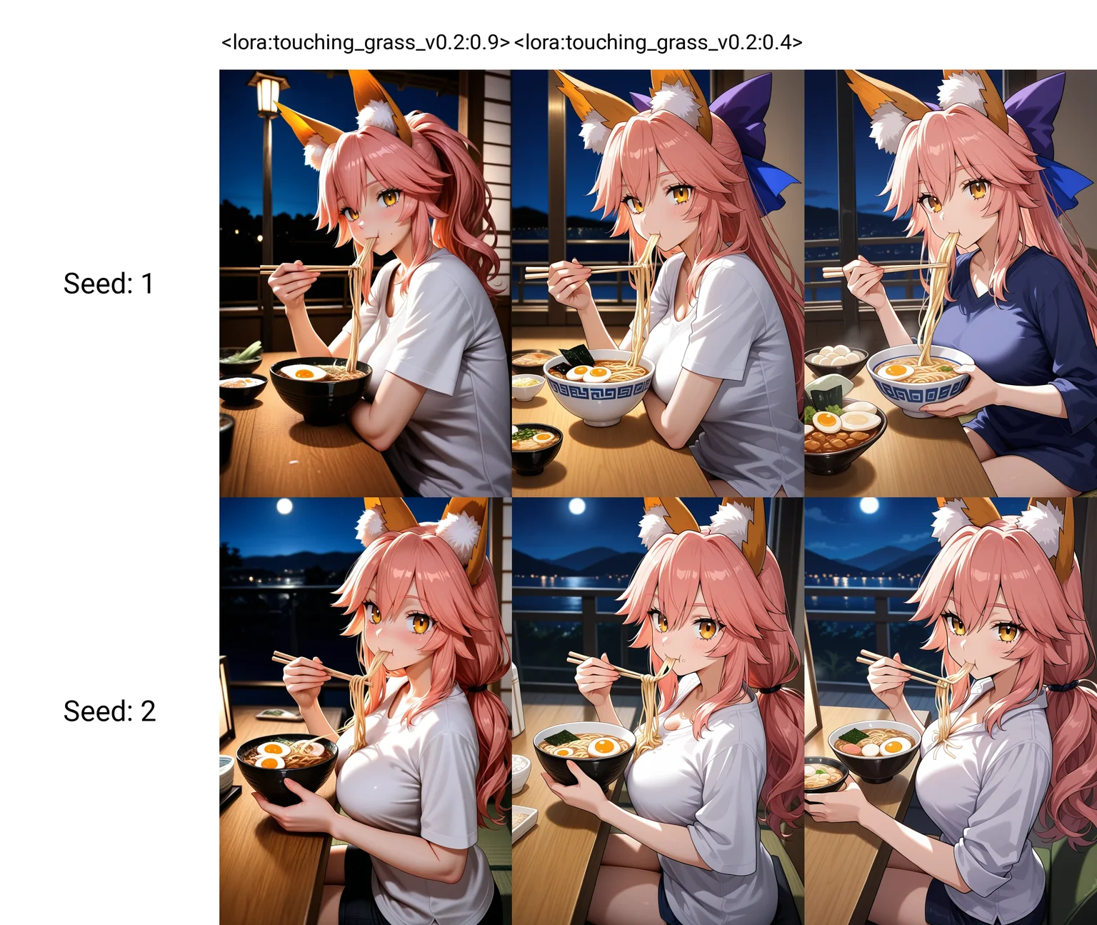 <lora:touching_grass_v0.2:0.9>1girl,tamamo \(fate\),looking at viewer,holding chopsticks,eating noodles,eggs in bowl,sitting,shirt,night,masterpiece,