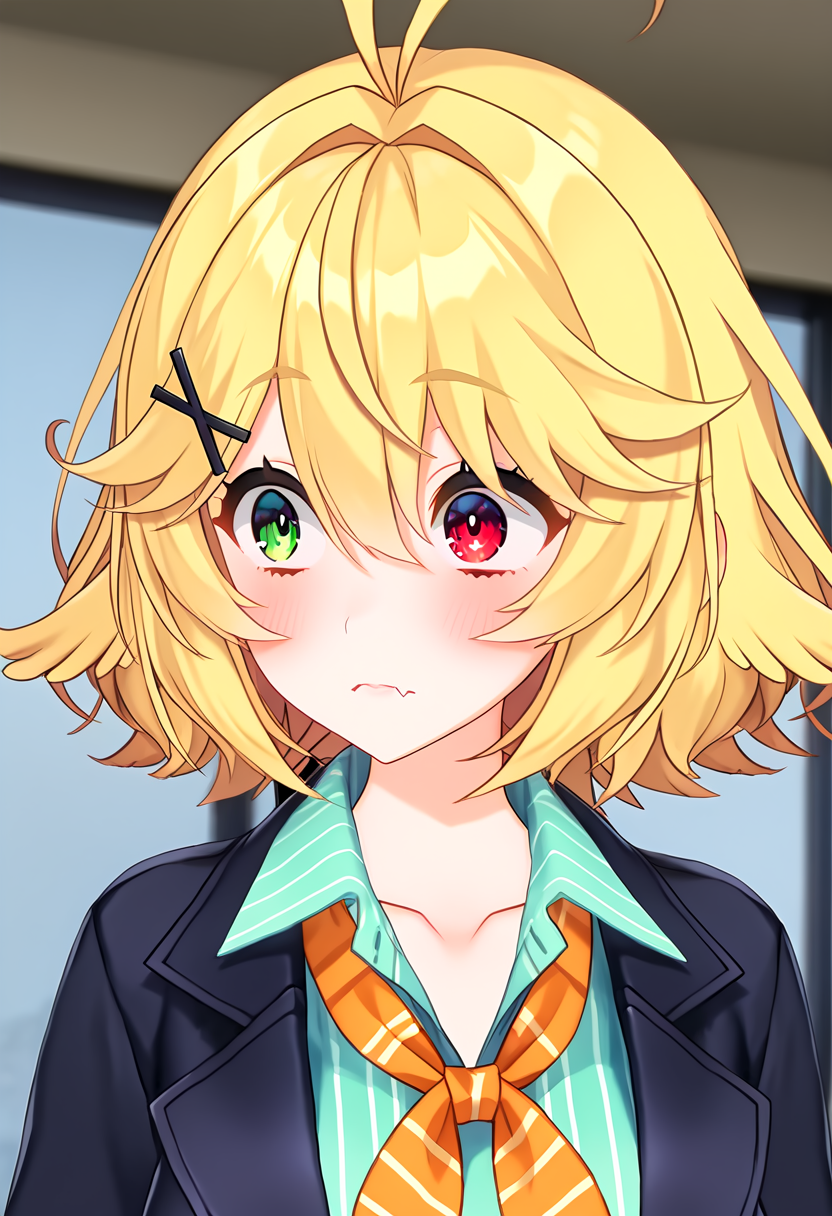 masterpiece, best quality, absurdres, rejection_reaction, 1girl, doki3d, green eyes, red eyes, heterochromia, blush, fang, blonde hair, short hair, hair between eyes, antenna hair, hair ornament, x hair ornament, ahoge, looking at viewer, looking to the side, closed mouth, collarbone, black jacket, cyan collared shirt, striped clothes, orange neckerchief around neck, official alternate costume, <lora:Selen_Tatsuki_and_Doki__LoshiCM3d2_Style__IllustriousXL_and_NoobAI:0.4>, <lora:rejection_reaction_meme-10-Noob:1>