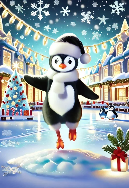 Animal Christmas, masterpiece, best quality, Penguin, Santa hat, scarf, snowy igloo, ice ring, ice skating, Christmas tree, snowflakes, holiday decorations, glowing lantern, candy cane, warm lights, ice backdrop, polar night, cheerful mood