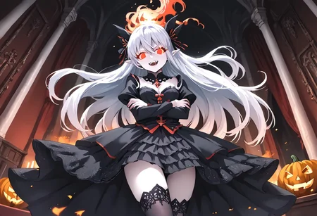 (masterpiece), (score_9, score_8_up, score_7_up,source_anime), 4K8K,
(from below), misty, steam, fog, Floating Halloween pumpkins,
halloween, halloween fantasy,
Japanese cute woman, Sitting on a throne, (solo), (Glossy skin, pale skin:1.3), makeup vampire, (crossed arms, pigeon-toed), burning pumpkin, (dark aura:1.4), (smirk, half-opened mouth, Canine, tooth, fang1.2),
(medium figure:0.9), (pointy breasts:1.1),
(white hair, verry long hair), (red glowing eyes, slanted eyes:1.2),
(wearing vampire cos, dress, makeup, red and black dress, Miniature Hats, zettai ryouiki, thighhighs:1.2),
(emperor's audience room, dark room:1.3), elf ears,