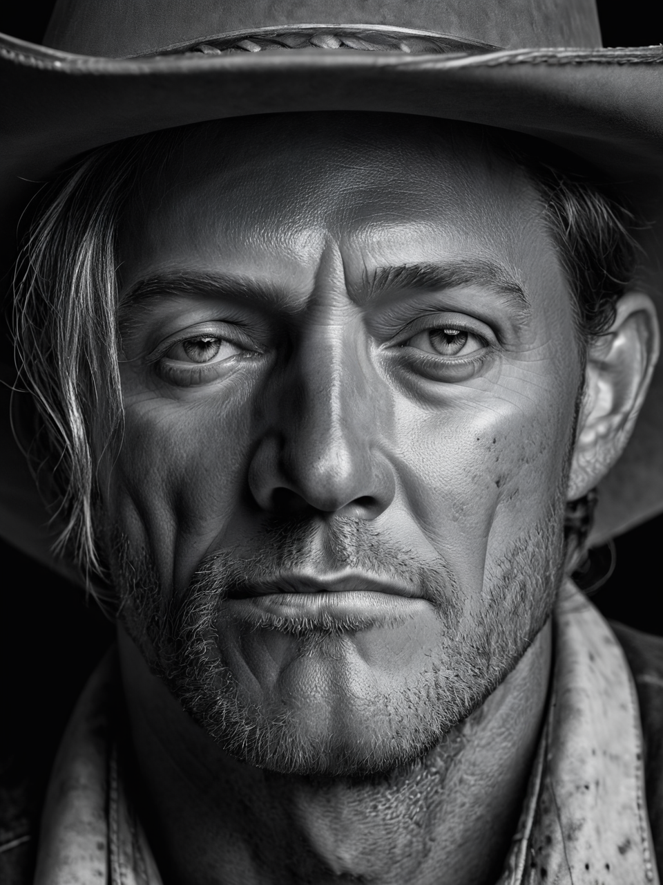 Black and white photograï¼On dark background, western cowboy half-size close-up, hyper-realism ((master work: 1.5), National Geographic photo, award-winning photo, realism, excellent work, highest quality, rich detail, panorama, sharpness, high contrast. (Film Grain: 1.4), Studio Lighting, Face Close-up, Clear Pores, Monochrome Background (Realistic: 1.2), Best Quality, Masterpiece, Ultra High Resolution. ï¼
 <lora:é²åä¸æ´¾@é»ç½æå½±SDXL:1>