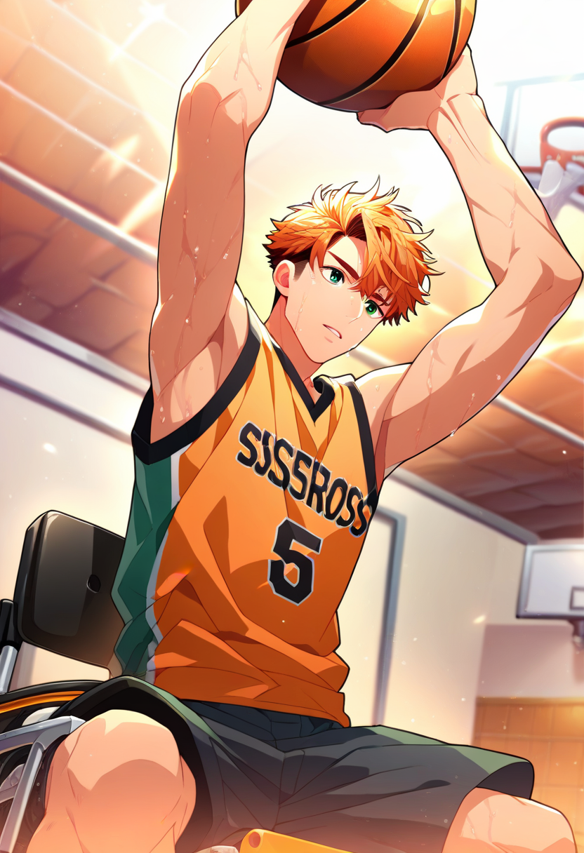1boy, male focus, 
,((zPDXL)), score_9_up, score_8_up, score_7_up, score_6_up, score_5_up, score_4_up, best quality, amazing quality, best aesthetic, absurdres, year2023, uncensored, nsfw, official art, official style, depth of field, detailed eye,
<lora:Character - StaOke - Takuto Akabane:0.8> green eyes, orange hair, takuto
indoor, sitting, wheelchair, basketball \(object\), sportswear, very sweaty, action,  basketball court, orange shirt, dynamic pose, holding basketball, parted lips,