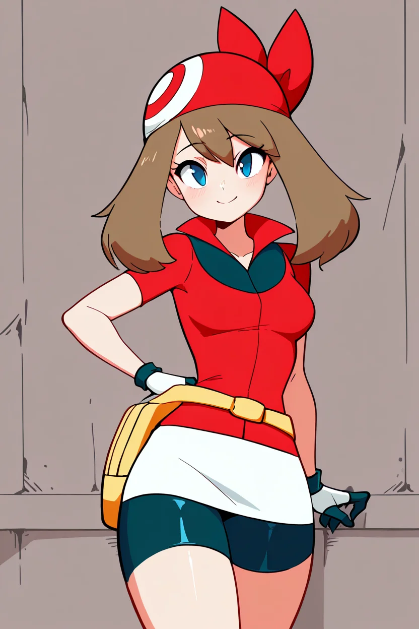 masterpiece, best quality, medium breasts, BREAK, zzMay, may (pokemon), solo, brown hair, blue eyes, medium hair, red shirt, bike shorts, red bandana, red shirt, gloves, white miniskirt, yellow belt, <lora:MayPokemonIXL_v2:1.0>, smile, looking at viewer, cowboy shot, <lora:DiivesIXL:1.0>,