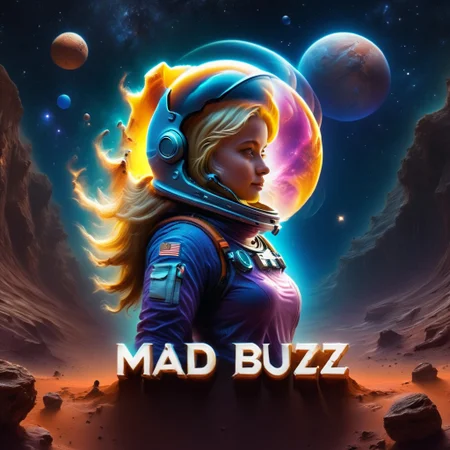 (vibrant canvas illuminated by a cascade of colorful binary code) forming the (silhouette) of a  astronaut on planet mars, intricate details, masterpiece, best quality, very aesthetic
1 girl, 4str0n4ut G1rl, mad-nbla, 
smile, blonde, space, 
text logo,
Text: "I need BUZZ!"