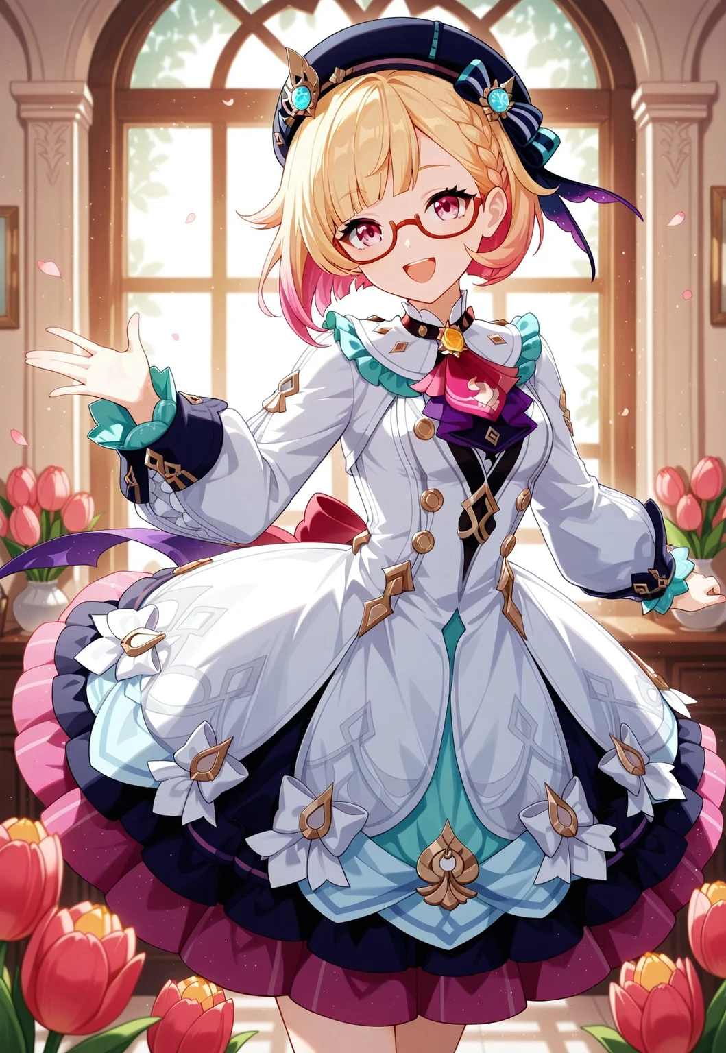 (emilie \(genshin impact\), short hair, blonde hair, pink eyes, multicolored hair, glasses, hat, long dress), surrounded by tulips, tulips, jaynl-tm, made of tulips, looking at viewer, dynamic pose, :d, happy, open mouth, very awa, masterpiece, best quality, absurdres, newest, perfect quality, detailed background, intricate details