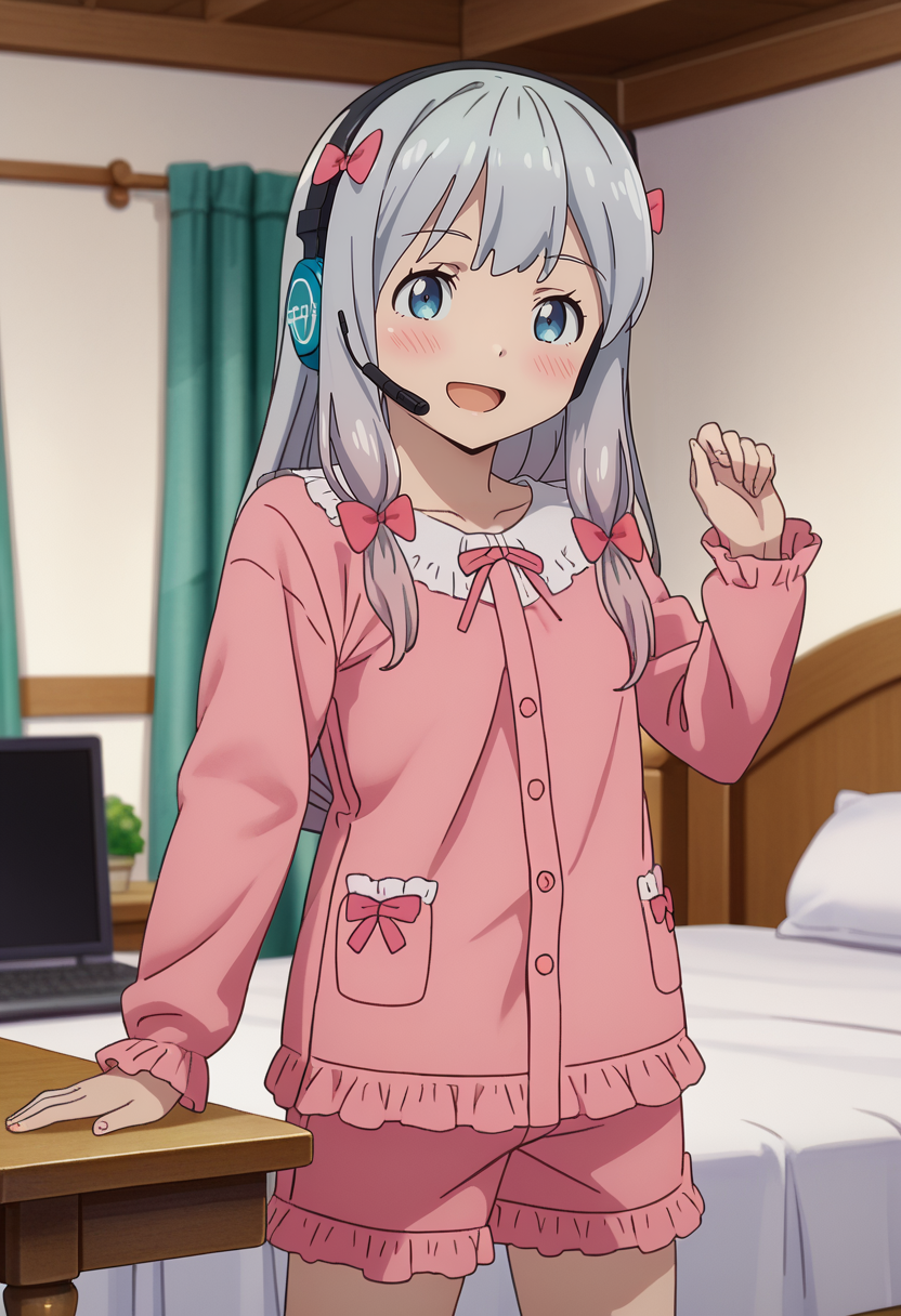 score_7_up, anime screencap,
<lora:EromangaSensei_IzumiSagiriXL:0.9>,
1girl, solo, open mouth, smile, blush,
low-tied long hair, multicolored hair, grey hair, blue eyes, hair bow, pink bow,
headset,
SagiriPajamas, pink shirt, long sleeves, frills, short shorts, pink shorts,
standing, looking at viewer,
blurry background, indoors, bed, table