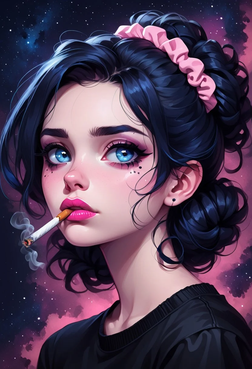 abstractzyrnox, abstract, abstract art, female, 25 yo, gaze on side, hair scrunchie, cigarette on mouth, goth eye make up, glossy lips, pink lipstick, sad face, simple dark background. Galaxy blue eyes