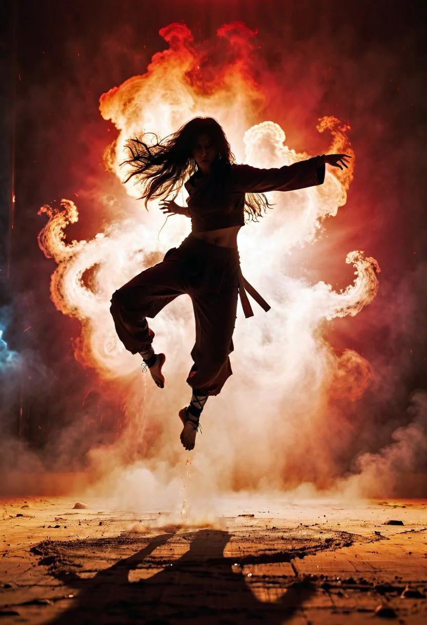 drunken fist, fight stance, high kick, a ghst Silhouette of a sci-fi female bedouin monk with insane long hair, infront of blood plasma chaos
very detailed, atmospheric haze, Film grain, cinematic film still, shallow depth of field,