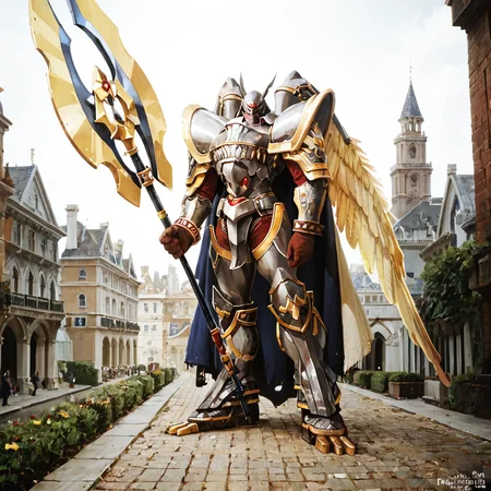 score_9, score_8_up, score_7_up, score_6_up, score_5_up, score_4_up, rating_safe,RAW,cinematic film still cinematic photo breathtaking,depth of field,film grain,alphamon,solo,full body,holding polearm,polearm,wings,cape,outdoors,city, <lora:AlphamonPony:1>