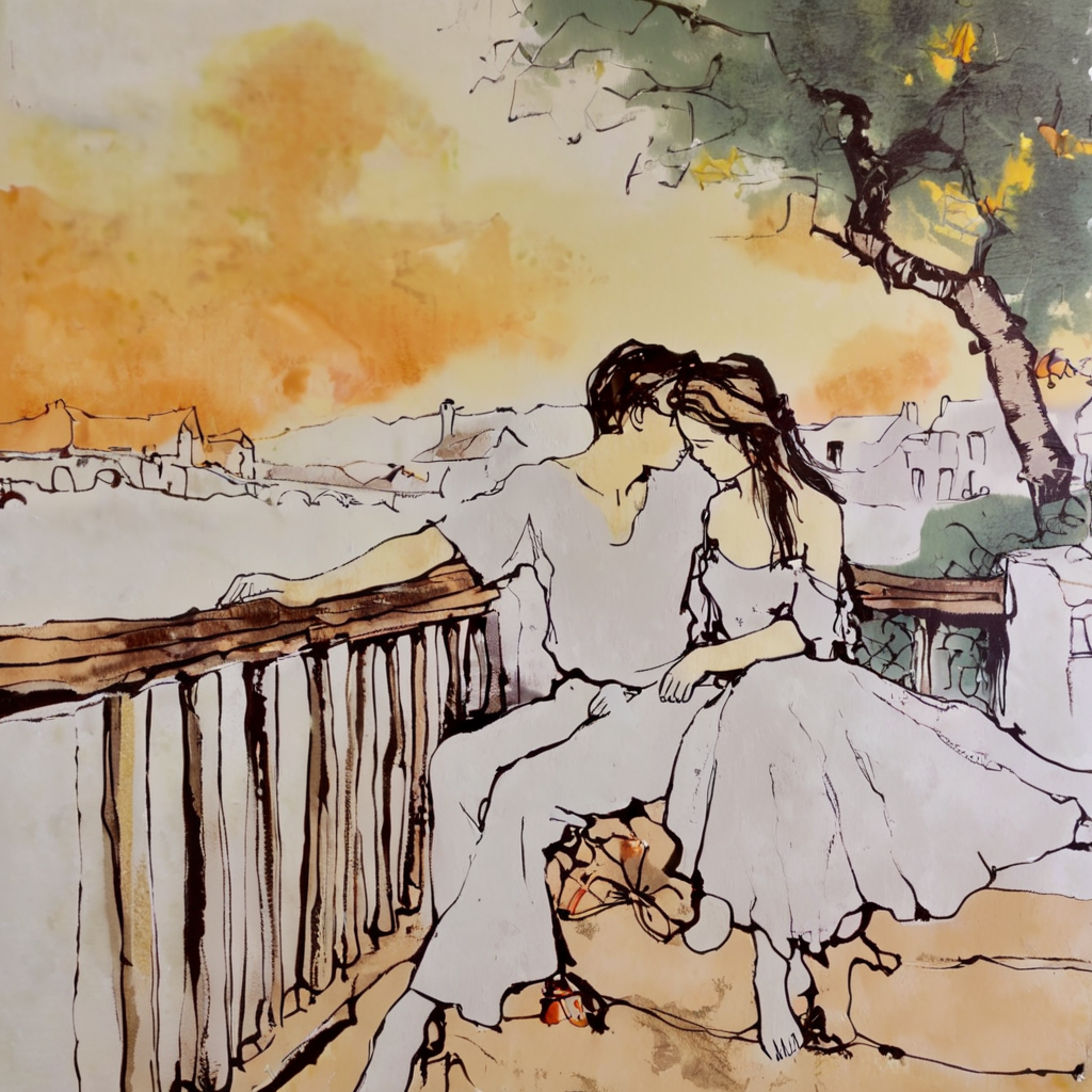 bdufour2  lovers on a bridge, sunset in the background <lora:bdufour2:1>