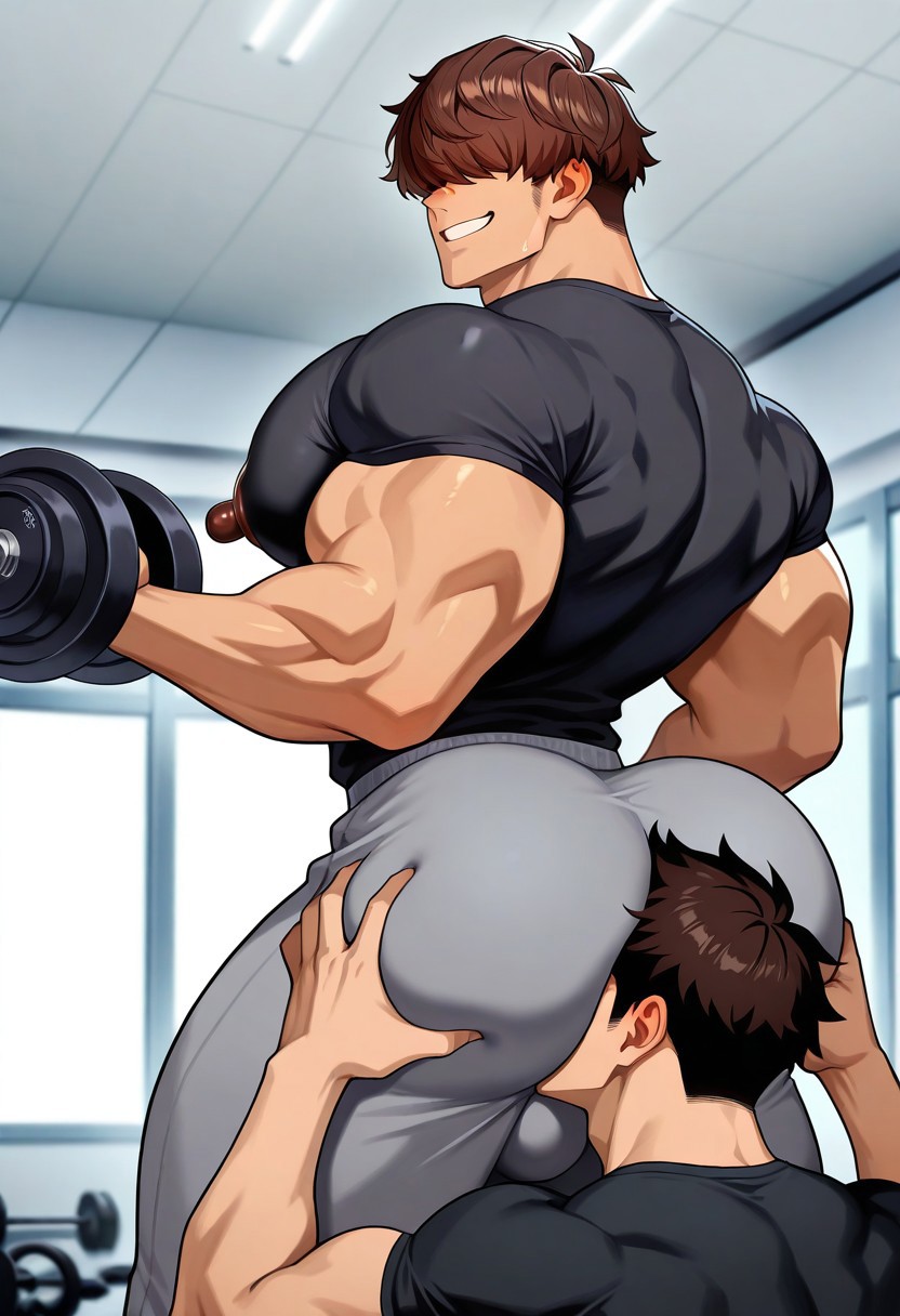 <lora:Bicep_Curl_Illustrious:1> masterpiece, best quality, newest, absurdres, 1boy, male focus, b1c3p_crl, dumbbell, holding dumbbell, exercising, upper body, weightlifting, Face in ass, 2boys, homo, ass grab, standing, Ass smother, BREAK
dark brown hair, short hair, hair over eyes, faceless, tan, BREAK
muscular male, bodybuilder, large pectorals, (huge pectorals), (puffy nipples), huge nipples, hyper muscle, broad shoulders, hyper pectorals, small waist, BREAK
black shirt, covered nipples, grey sweatpants, bulge, large penis, BREAK
grin, smug, handsome, anime, BREAK
indoors, gym
