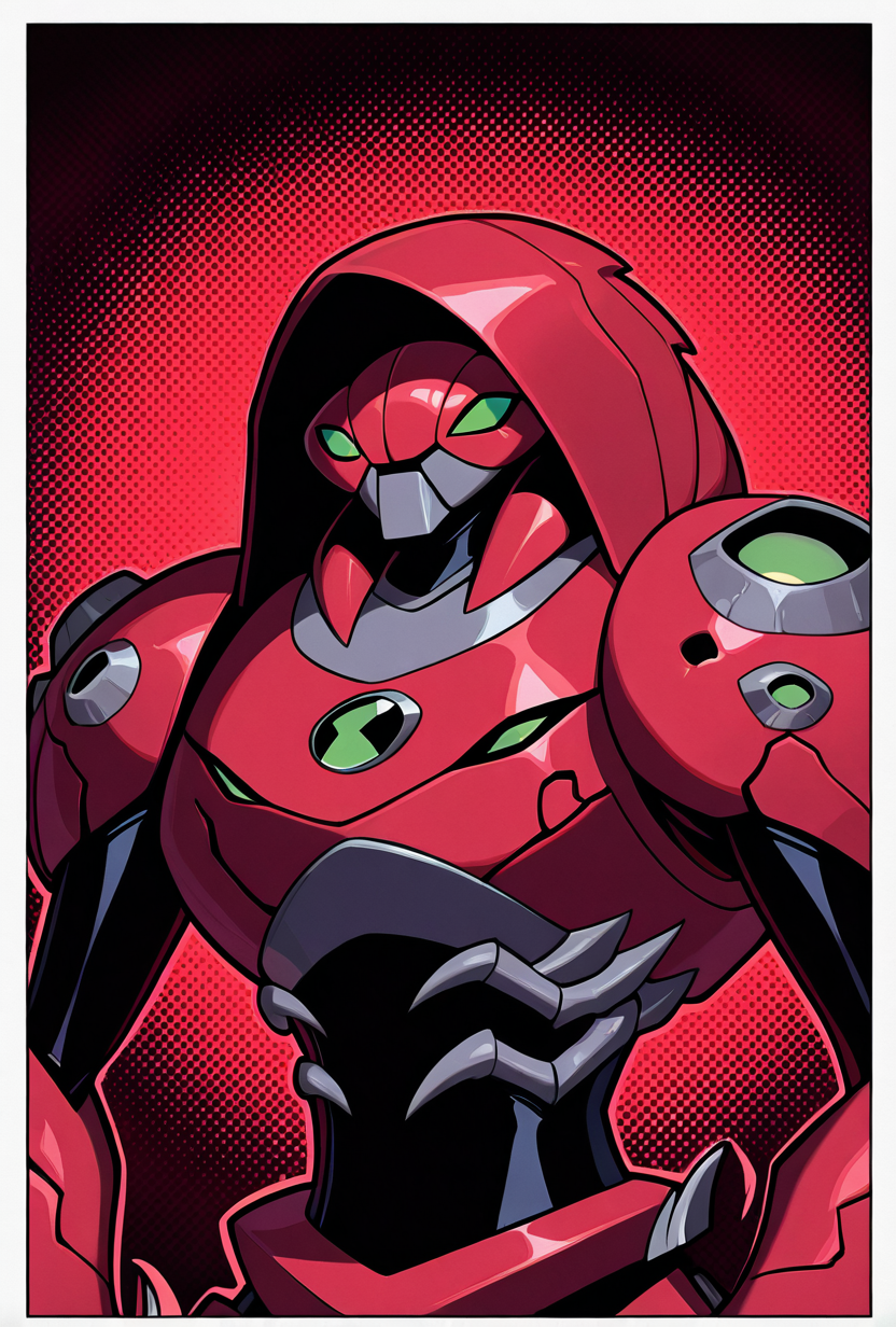 <lora:waterhazard-10:1> waterhazard, solo, red armor, red hood up, , helmet, mecha, alien, claws, green eyes, red background, masterpiece, best quality, amazing quality, very aesthetic, absurdres, newest,, upper body, halftone effect, white borders, abstract background:1.2,