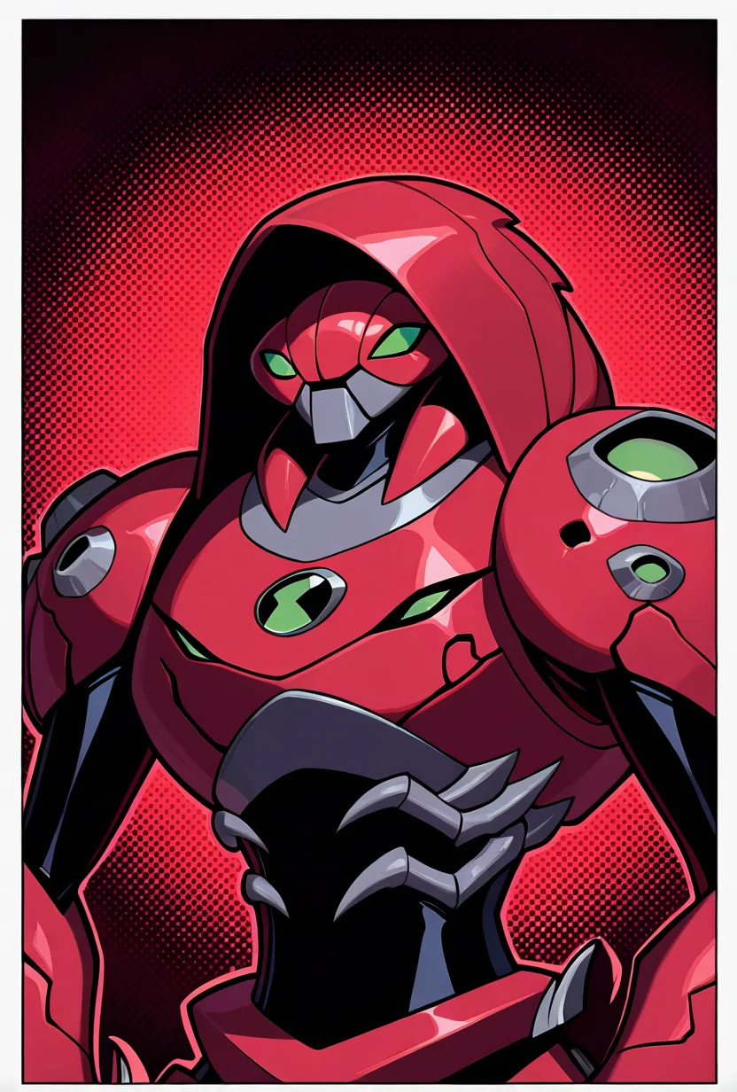 <lora:waterhazard-10:1> waterhazard, solo, red armor, red hood up, , helmet, mecha, alien, claws, green eyes, red background, masterpiece, best quality, amazing quality, very aesthetic, absurdres, newest,, upper body, halftone effect, white borders, abstract background:1.2,