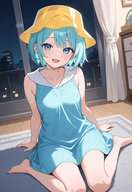 1girl,solo,<lora:minppnil-000012:0.9>,minppn,short hair,blue hair,aqua hair,blue eyes,transparent hat,yellow hat,blue dress,loose shirt,blue shirt,sleeveless,looking_at_viewer,cowboy_shot,dynamic_angle,smile,open mouth,night,bedroom,carpet,window,sitting,wariza,barefoot,incredibly absurdres,masterpiece,best quality,good quality,newest,