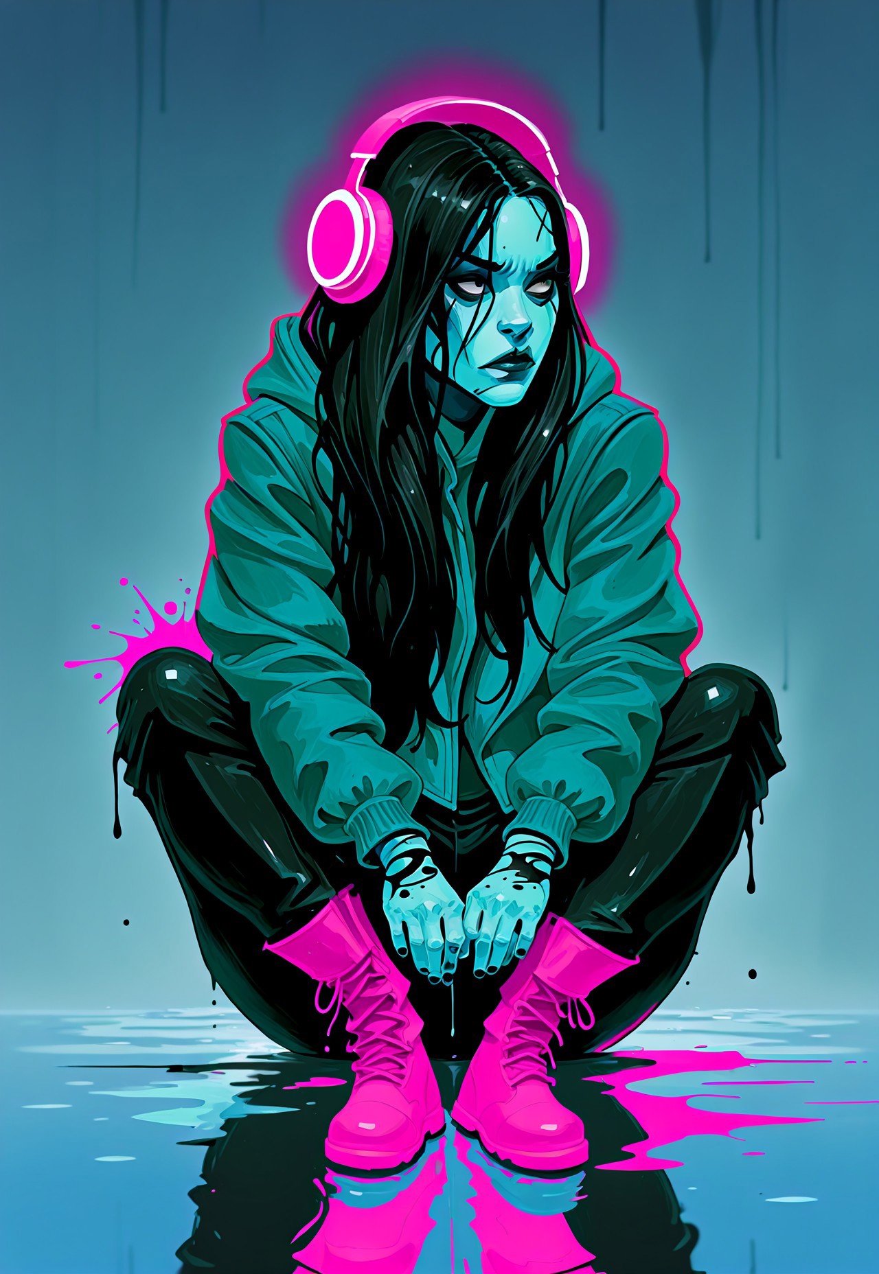 masterpiece, best quality, 1nkPnk, solo, 1girl, headphones, long hair, black hair, boots, sitting, jacket, pants, water, hood, hood down, colored skin, reflection, knee up, long sleeves, rough sketch, messy, comic art style, ink splatter, painting (medium), paint, ink (medium), pencil (medium), sketch