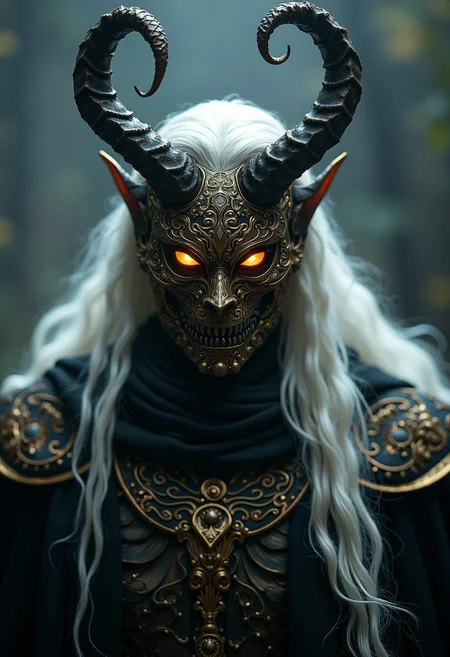 A menacing figure with a demonic mask adorned with intricate golden details and two large, twisted horns. The character has long, flowing white hair and wears dark, ornate robes decorated with gold embellishments. The eyes behind the mask glow with an eerie light, adding to the ominous presence. The background is shrouded in mist and darkness, enhancing the mysterious and foreboding atmosphere.
BREAK
((UHD:1.5)), ((high details:1.5)), ((best quality:1.6)), ((super detail:1.5)), ((award winning:1.4)), ((masterpiece:1.6)), ((ethereal glow:1.3)), ((retina:1.4))
BREAK
Art by Greg Rutkowski, Pascal Blanche, Martina Grimm, John William Waterhouse
BREAK
Close-up shot, eye-level shot, dramatic lighting, chiaroscuro, dark fantasy realism, photo, cinematic