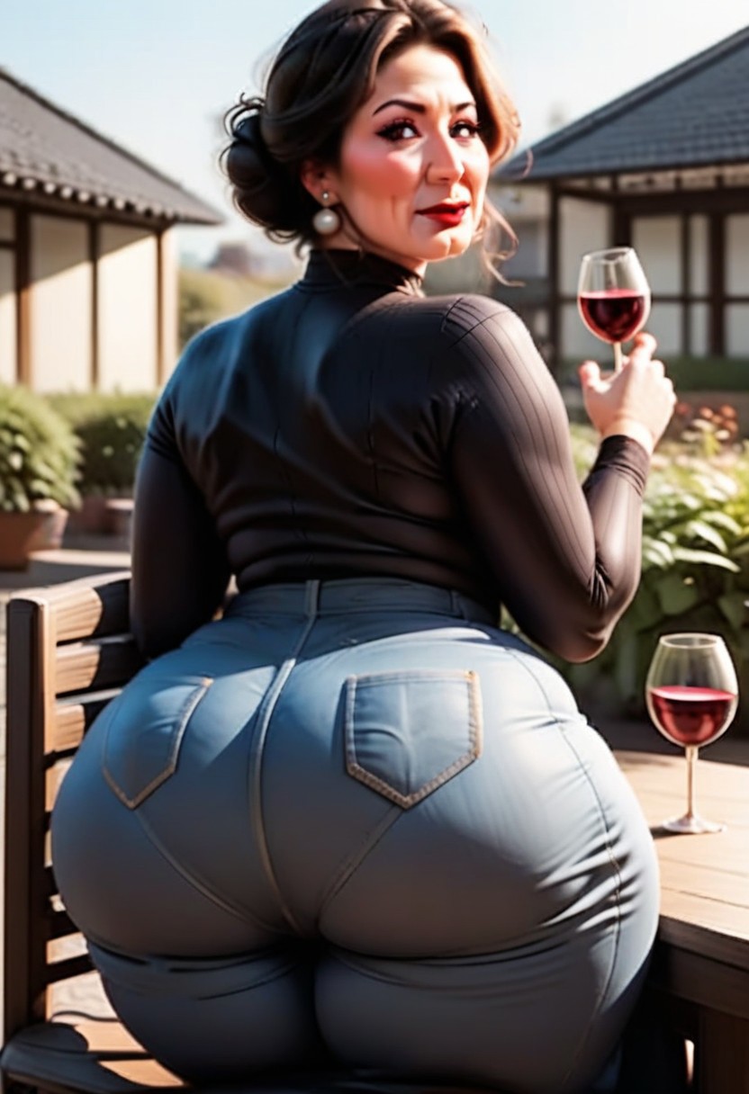 Voluptuous, attractive 40 year old woman, Dark-brown hairbun, big tits straining against tight blouse, tight blouse, plump cheeks seductive, mascara, long eye-lashes, earrings, double-chin, mature older woman 
red lips, tight black bellbottom trousers, huge thighs, sitting on chair, facing the viewer 
even, Moon filling the dusky sky, bluish hue, back garden, guests drinking wine and chatting