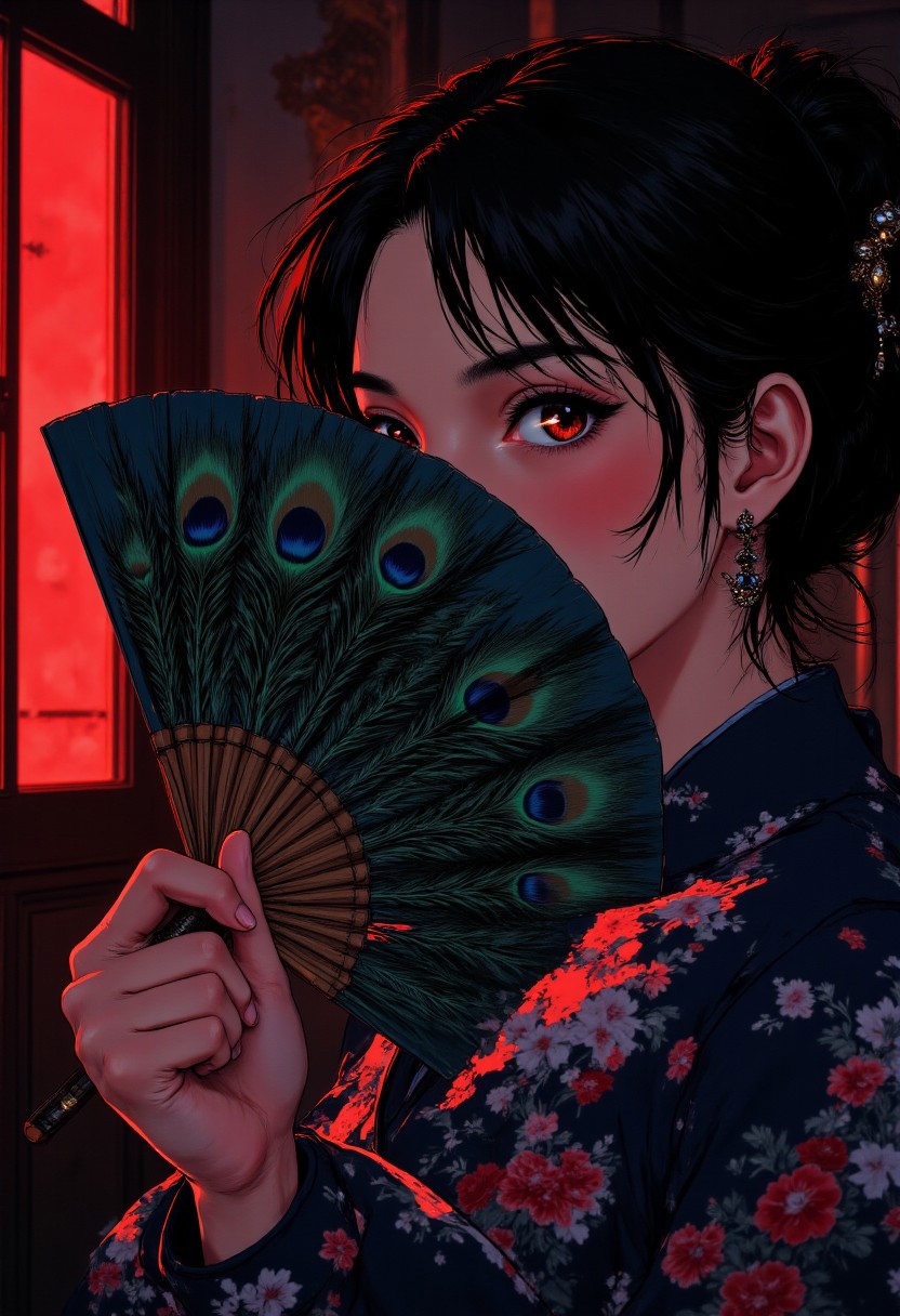 an East Asian woman shown in elegant profile, with her face partially concealed behind a meticulously crafted peacock feather fan. The fan is constructed with precise craftsmanship - multiple peacock feathers arranged in a perfect, uniform semicircular pattern, each feather aligned with identical spacing and height, creating a structured, symmetrical arrangement rather than a wild or natural look. Her face is positioned in side view, but her eyes deliberately glance sideways toward the viewer - creating an intimate, mysterious connection despite her profile pose. Only her almond-shaped eyes and the upper portion of her face are visible above the carefully arranged fan. The fan is held delicately between her slender fingers in the same refined manner one would hold playing cards - poised with precise balance between thumb and fingers, neither gripping tightly nor loosely grasping, but with controlled poise and formal elegance. Her nails are perfectly manicured, perhaps with a subtle lacquer. Her hair is styled in a traditional elegant updo with ornate hairpins. The lighting creates a dramatic interplay between shadow and light, emphasizing the contrast between her skin tone and the rich blues and greens of the orderly peacock feathers. This emphasizes the cultural significance of the fan as both an accessory and a tool for modest concealment while maintaining the allure of mystery. j_art, anime. a background with dim red light lit her half face dimly