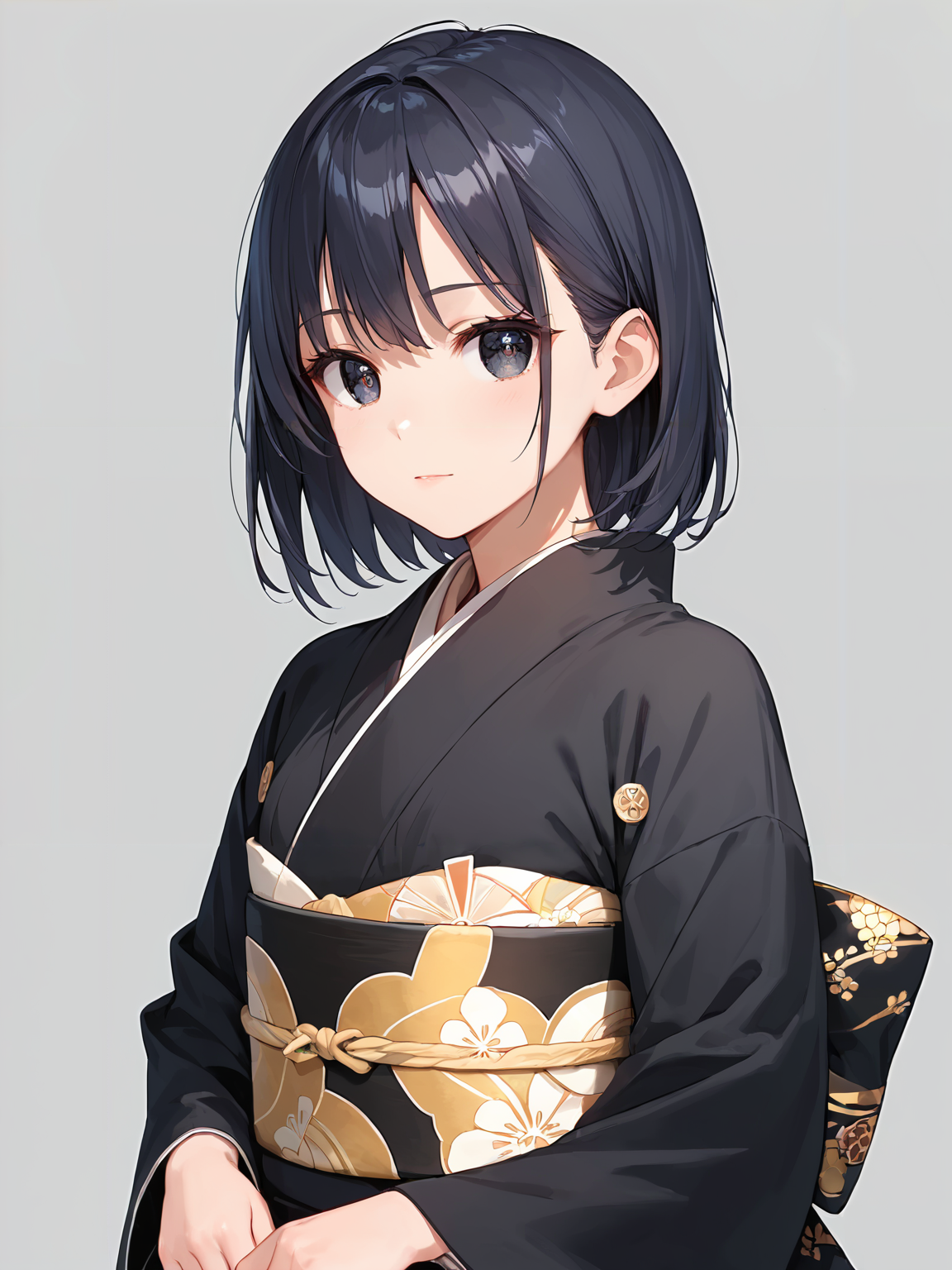score_9, score_8_up, score_7_up,source_anime, high res image,masterpiece,best quality,girl,cute face,clear skin,shiny hair,ultra detailed eyes,simple background, <lora:tomesode_pony_V1.0:0.7> tomesode,black  kimono, obi