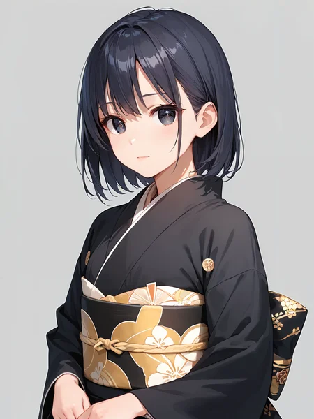 score_9, score_8_up, score_7_up,source_anime, high res image,masterpiece,best quality,girl,cute face,clear skin,shiny hair,ultra detailed eyes,simple background, <lora:tomesode_pony_V1.0:0.7> tomesode,black  kimono, obi