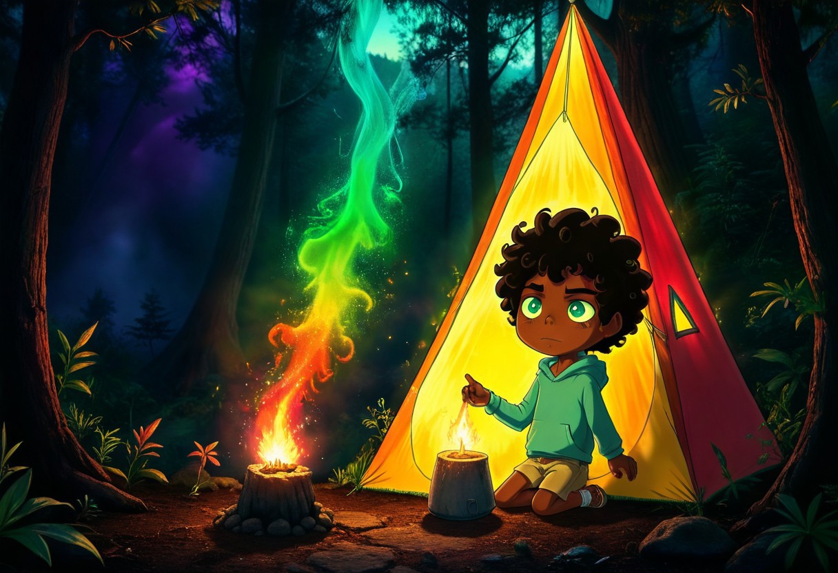 max (camp camp), dark fantasy theme, rainbow colored silhouette outline against a dark background,max (camp camp), 1boy, solo, human, male focus, curly black hair, curly tousled black hair, afro, dark skin, dark-skinned male,  large eyes, round eyes, green eyes,small nose, triangular nose, pointed nose, beautiful forest horror, anime, magical fantasy, plasma pattern, dark lights
,epic, cinematic colors, masterpiece, detailmaximizer, midjourneyv6.1