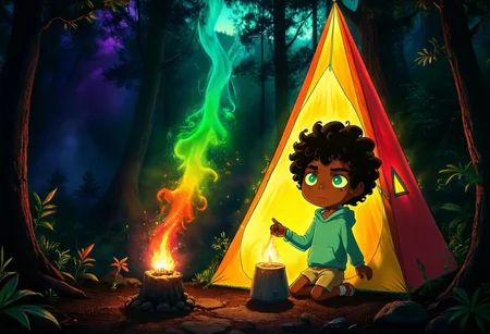 max (camp camp), dark fantasy theme, rainbow colored silhouette outline against a dark background,max (camp camp), 1boy, solo, human, male focus, curly black hair, curly tousled black hair, afro, dark skin, dark-skinned male, large eyes, round eyes, green eyes,small nose, triangular nose, pointed nose, beautiful forest horror, anime, magical fantasy, plasma pattern, dark lights
,epic, cinematic colors, masterpiece, detailmaximizer, midjourneyv6.1