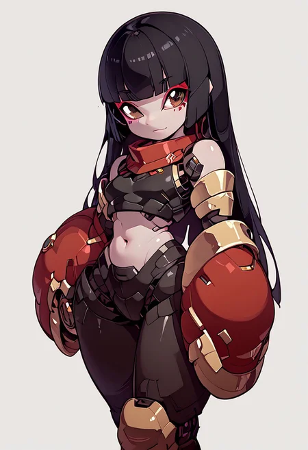 score_9,score_8_up,score_7_up,score_6_up, solo, white skin, blunt bangs, long hair, black hair, brown eyes, no jewelry, no earrings, no bracelets, makeup, black tube top, tight shiny pants, robot, mecha, simple background, no humans, humanoid robot, standing, robot joints, no mouth,