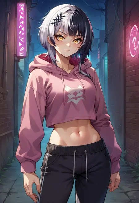 score_9, score_8_up, source_anime, 1girl, solo, ShioriNovella, split-color hair, white hair, black hair, yellow eyes, hair ornament, stylish outfit, hip hop, midriff, night, alley, neon lights, confident stance, hoodie, sweatpants, <lora:ChamShioriNovellaPonyXLCame-000008:1>