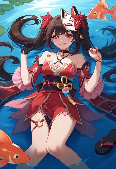 score_9, score_8_up, score_7_up, source_anime, 1girl, sparkledef, pink eyes, long hair, twintails, fox mask, mask on head, bell, black choker, bare shoulders, flower tattoo, criss-cross halter, detached sleeves, red dress, japanese clothes, obi, black sash, black gloves, single glove, thigh strap, sandals, lying, on back, hands up, water, partially submerged, goldfish, fish, smile, looking at viewer, outdoors, pond, sun, portrait, close-up, facing viewer, <lora:Sparkle_v1-000010:1>