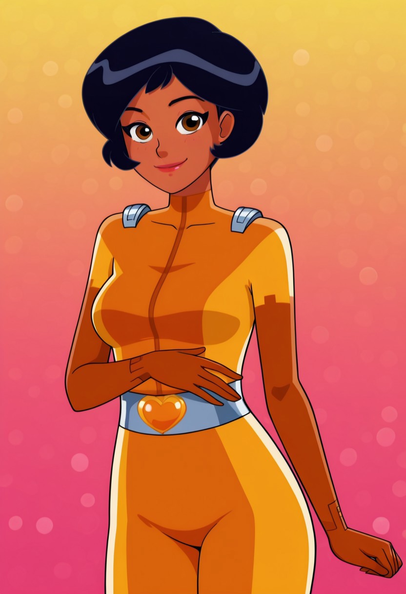 masterpiece, best quality, good quality, 1girl, solo, cartoon, totally_spies_2k24, alex, black hair, brown eyes, dark-skinned female, yellow bodysuit, sexy, large breasts, beautiful, detailed, high detailed, very beautiful, detailed face, detailed eyes, detailed hand, abstract background, smile, smiling, looking at viewer, face focus