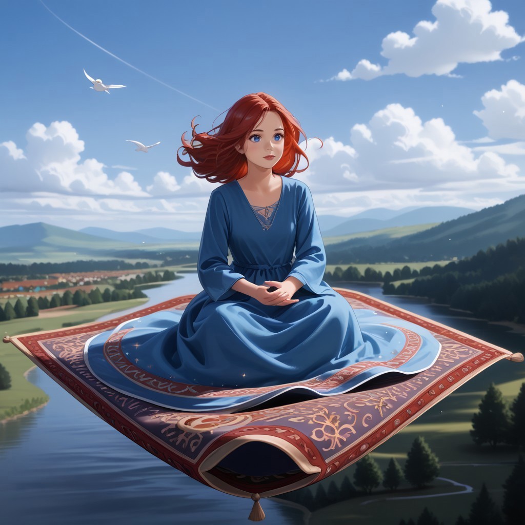 1 girl, red hair, blue eyes, blue long dress, long sleeves,magic carpet, sitting on magic carpet, flying high over the river