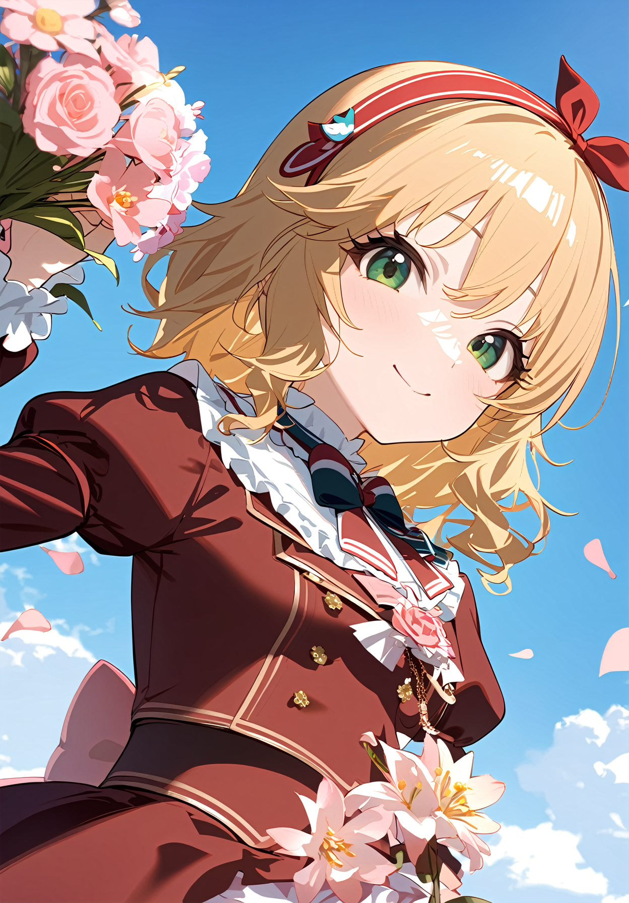 1girl, 
sakurai momoka, idolmaster, 
short hair, sky, blush, frills, wavy hair, bow, flower, cloudy sky, skirt, holding flower, hair between eyes, blonde hair, red shirt, looking at viewer, holding, red hairband, petals, day, sidelocks, green eyes, red skirt, cloud, bow hairband, puffy sleeves, pink flower, shirt, closed mouth, frilled shirt collar, puffy long sleeves, hairband, long sleeves, frilled skirt, frilled sleeves, solo, smile, 
masterpiece, newest, absurdres, safe
 <lora:2080ti_ag31_sakurai_momoka-000018:1> <lora:a31_style_koni:1>
