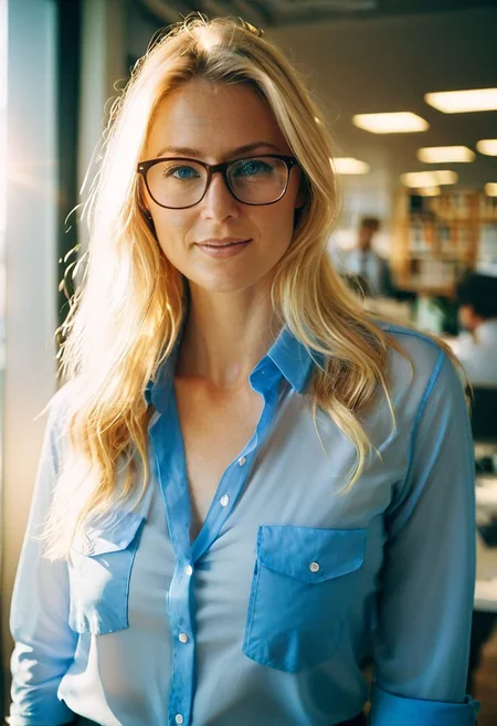 Analog photo, a beautiful 30 year old woman dressed in a completely revealing way, shy at work, glasses, office, long blonde hair, blue eyes, see-through shirt, (((full body))), (natural lighting, summer, sun rays, ethereal golden hour, film grain, (bokeh:1.3), Porta 160 color, shot on ARRI ALEXA 65, sharp focus on subject, Fujifilm XT-3
