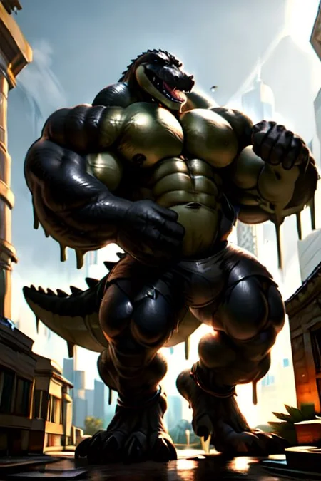 ((full body)), solo, male, saltwater crocodile, crocodilian, crocodylid, muscular male, ((black body, black scales)), black countershading, (countershade torso, countershade legs), digitigrade, detailed eyes, detailed face, (open dress shirt, dress shorts, ankle band), barefoot, (body bursting through skyscraper, bits of green goo on pectorals and mouth), ((torn clothing, ripped clothing)), ((hyper muscles, huge muscles, big muscles)), ((macro, gigantic, huge body, giant, massive, looming)), ((outside, skyscrapers around him)), (((growth, growing, motion lines))), detailed background, amazing background, by tankh, by darkgem, ((masterpiece)), 4k, hd, best details, epic, ((best quality)), (ultra detailed), natural light, sharp, amazing details