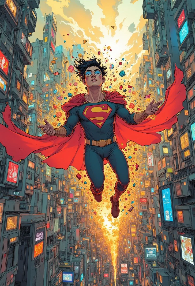 ff-enhance, ff-comic, A superhero wearing a vibrant costume is floating in the air and overlooking a futuristic city. The are a guardian. The city that has withstood the ravages of time. Ephemeral and haunting, chaotic but peaceful. The city represents an ideal. Darker grittier outlines.