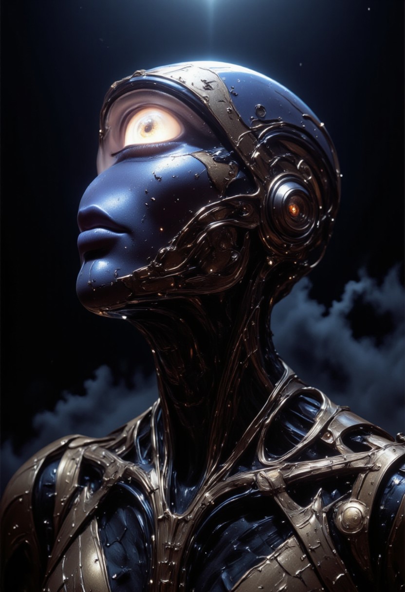 impressionist classical-style painting of a highly detailed, fantasy scene with a dramatic, robotic aesthetic. The central figure is a female robot. Her head and body are made of shiny and smooth metal with multi-colored, exposed wiring going down her neck creating an organic mosaic pattern. She is a biomechanical robot with Chrome Skinned and there are wires jacked into her face. Her cyclops eye is an intense silver color with light silver eyeshadow, and her lips are a rich, deep silver color. There is a missing panel on her cheek. A spot light focuses on her from above. She is bald and is blending in with the dark, smoky, nighttime background. She is facing you and looking up into the sky intensely. The overall impression is one of dramatic beauty, with an almost otherworldly quality.  (((ultra-realistic style))), realistic soft lighting, dark, eye-catching, atmospheric lighting, natural, shallow depth of field, (highlights: 0.8), high detail (dynamic, cinematic shot, film grain, bokeh, depth of field,